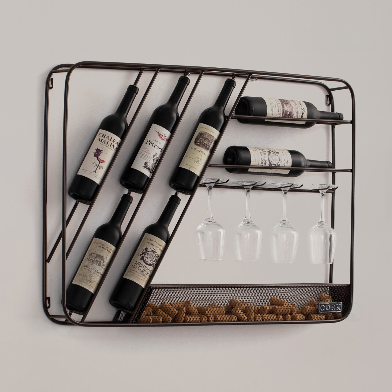 Vintiquewise Vintage-Inspired Decorative Metal Wall-Mounted Wine Rack with Cork and Wine Glass Holder, Featuring a Floorstanding Display Option for Versatile and Stylish Wine Storage, Brown